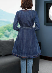 Fashion Blue low high design V Neck Embroideried Cotton Denim trench coats Long Sleeve