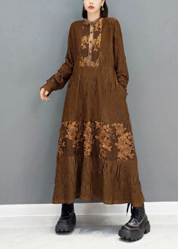 Fashion Brown O-Neck Button Embroideried Ankle Dress Fall Long Sleeve - SooLinen