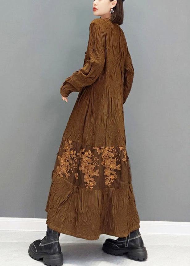 Fashion Brown O-Neck Button Embroideried Ankle Dress Fall Long Sleeve - SooLinen