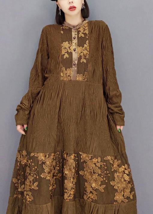 Fashion Brown O-Neck Button Embroideried Ankle Dress Fall Long Sleeve - SooLinen