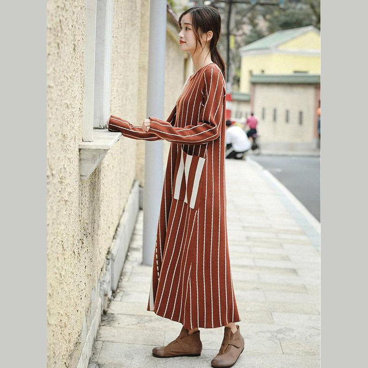 Fashion Brown Striped Baggy Maxi Sweater Dresses For Women