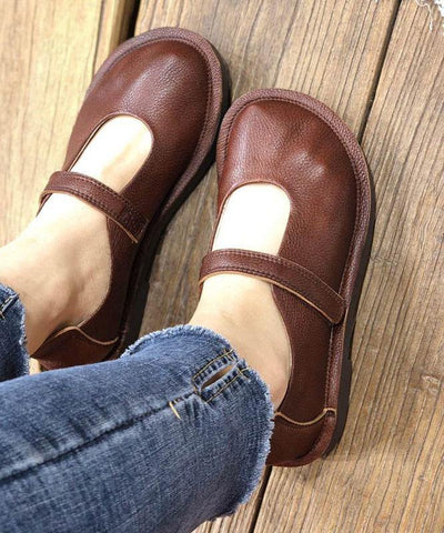 Fashion Chocolate Buckle Strap Loafers For Women Cowhide Leather - SooLinen