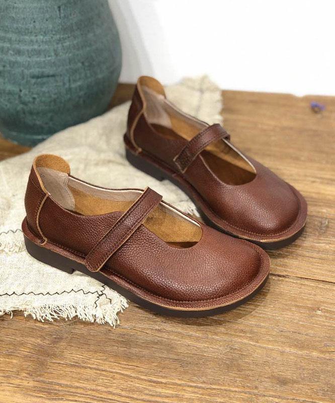 Fashion Chocolate Buckle Strap Loafers For Women Cowhide Leather - SooLinen