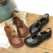 Fashion Chocolate Buckle Strap Loafers For Women Cowhide Leather - SooLinen