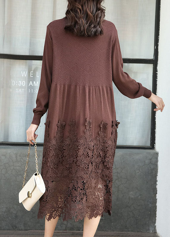 Fashion Chocolate Embroideried Patchwork Knit Long Dresses Spring