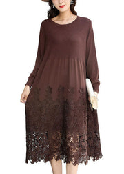 Fashion Chocolate Embroideried Patchwork Knit Long Dresses Spring