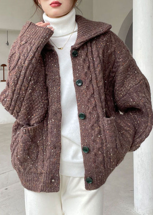 Fashion Chocolate Peter Pan Collar Button Knit Winter Coat