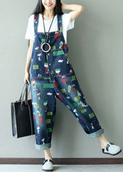 Fashion Dark Blue Print Jumpsuits pockets Summer