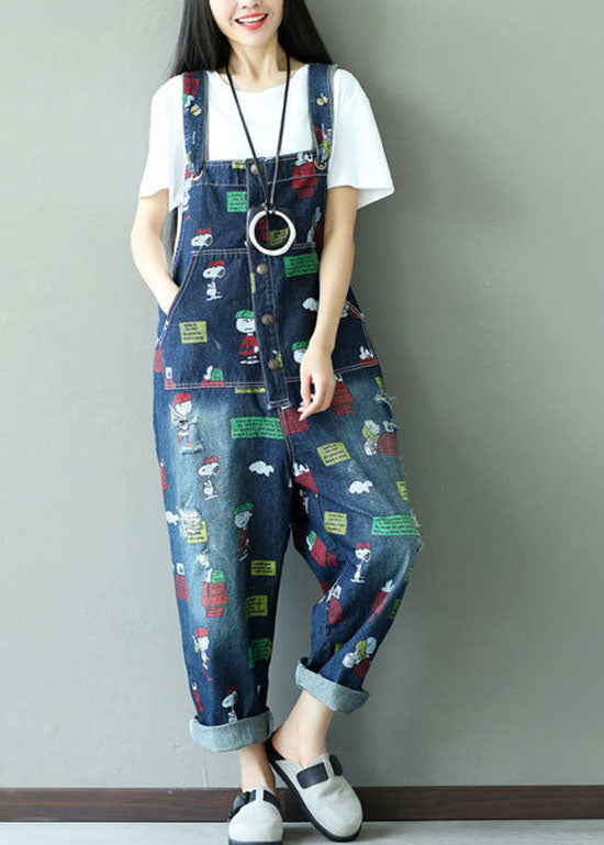 Fashion Dark Blue Print Jumpsuits pockets Summer