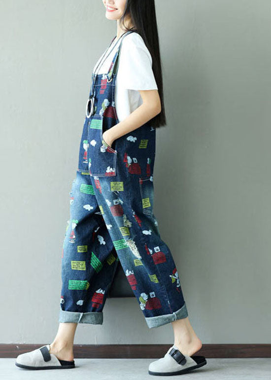 Fashion Dark Blue Print Jumpsuits pockets Summer