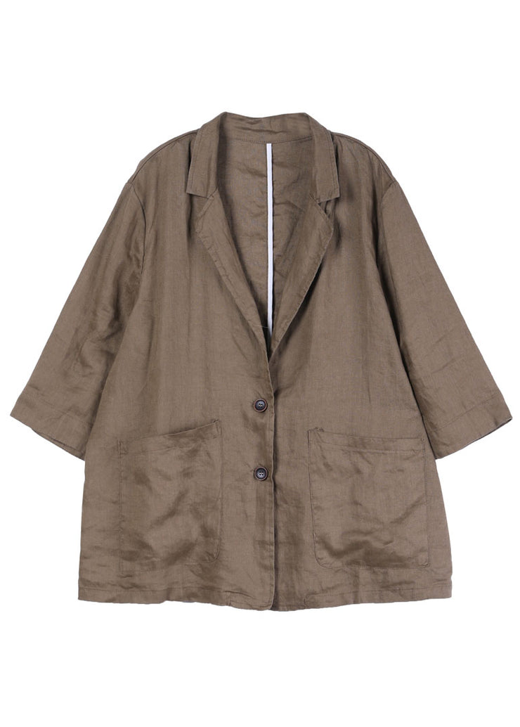 Fashion Dark Brown Notched Collar Pockets Linen Coat Long Sleeve