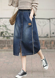 Fashion Denim Blue High Waist Pockets Patchwork Side Open Cotton Skirts Summer