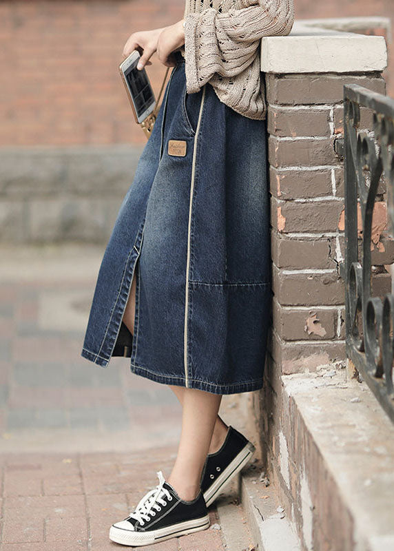 Fashion Denim Blue High Waist Pockets Patchwork Side Open Cotton Skirts Summer