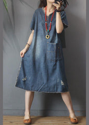 Fashion Denim V Neck side open Dress Summer - SooLinen