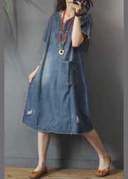 Fashion Denim V Neck side open Dress Summer - SooLinen