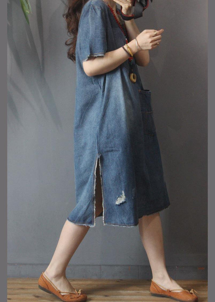 Fashion Denim V Neck side open Dress Summer - SooLinen