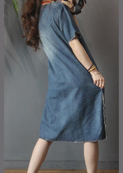 Fashion Denim V Neck side open Dress Summer - SooLinen