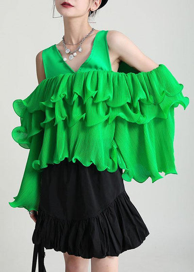 Fashion Green Asymmetrical Design Ruffled Cold Shoulder Chiffon Top Long Sleeve - SooLinen