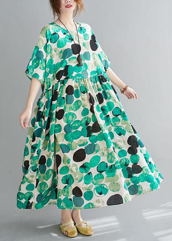 Fashion Green Dot Print Pockets Summer Vacation Dresses Half Sleeve - SooLinen