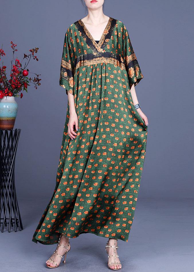 Fashion Green Dot Silk Patchwork V Neck Dress Summer - SooLinen