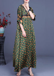 Fashion Green Dot Silk Patchwork V Neck Dress Summer - SooLinen