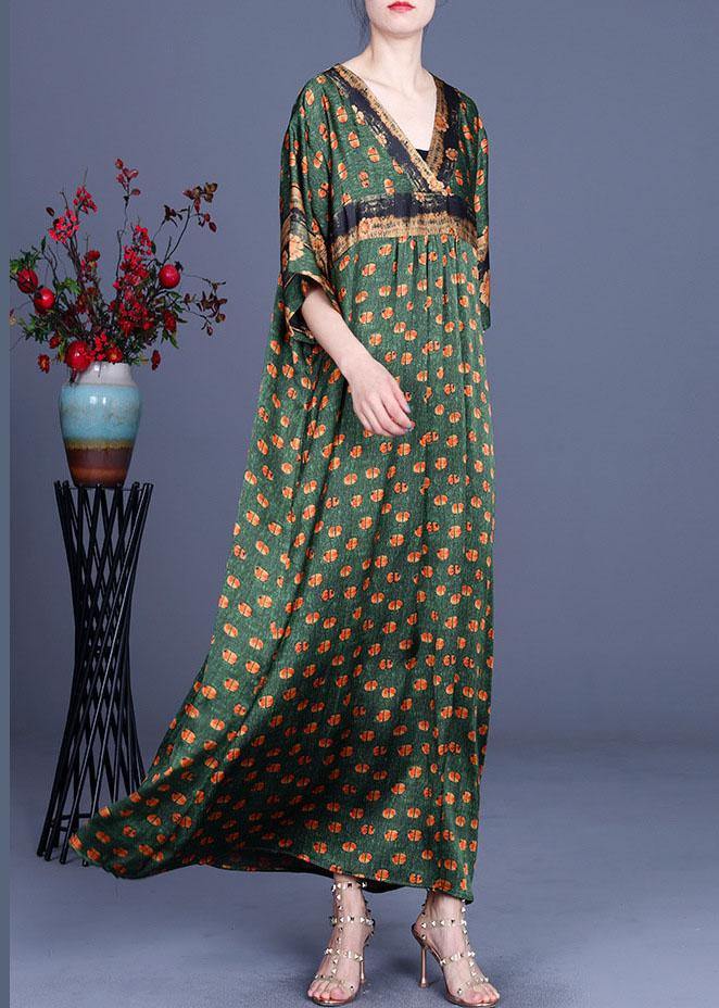 Fashion Green Dot Silk Patchwork V Neck Dress Summer - SooLinen