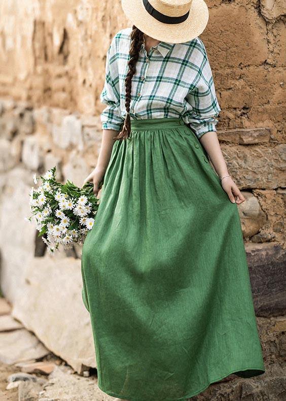 Fashion Green Elastic Waist A Line Skirts Summer Linen - SooLinen