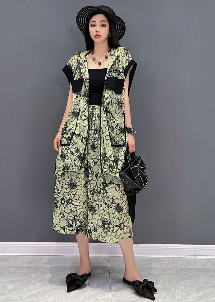 Fashion Green Hooded Patchwork Print Low High Design Chiffon Two Pieces Set Summer