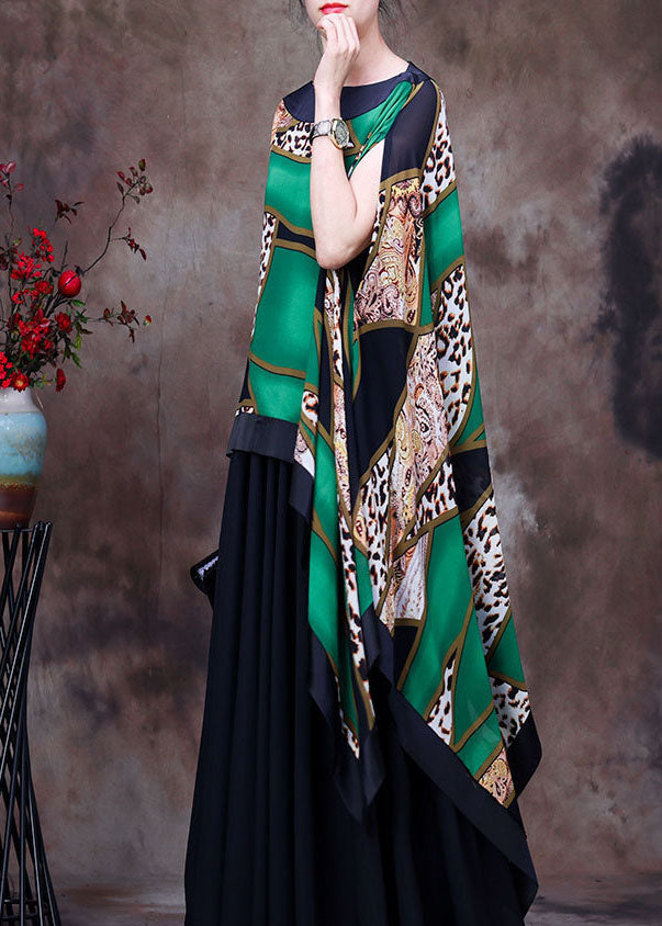 Fashion Green Leopard Print Low High Design Chiffon UPF 50+ Top Batwing Sleeve