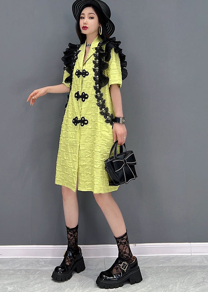 Fashion Green Notched Collar Patchwork Ruffles Oriental Button Mid Dresses Short Sleeve