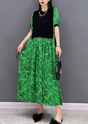 Fashion Green O-Neck Print Weste Patchwork Holiday Dress Short Sleeve