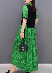 Fashion Green O-Neck Print Weste Patchwork Holiday Dress Short Sleeve