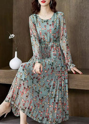 Fashion Green O-Neck tie waist wrinkled Chiffon Maxi Dresses Spring