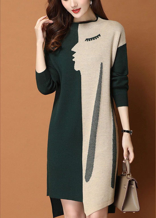 Fashion Green Patchwork asymmetrisches Design Slim Fit Herbst Pullover Kleid