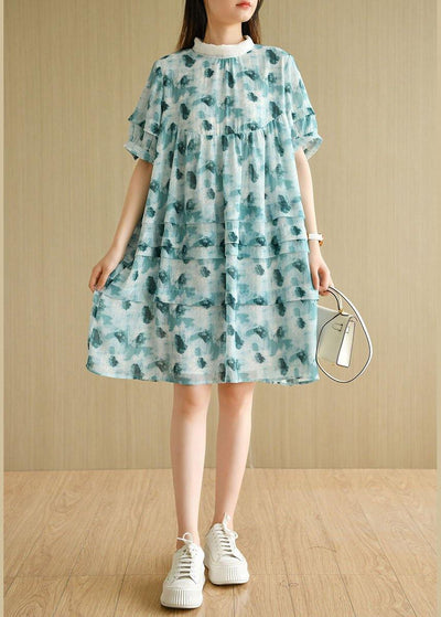 Fashion Green Peter Pan Collar Print Summer Cotton Dress Short Sleeve - SooLinen