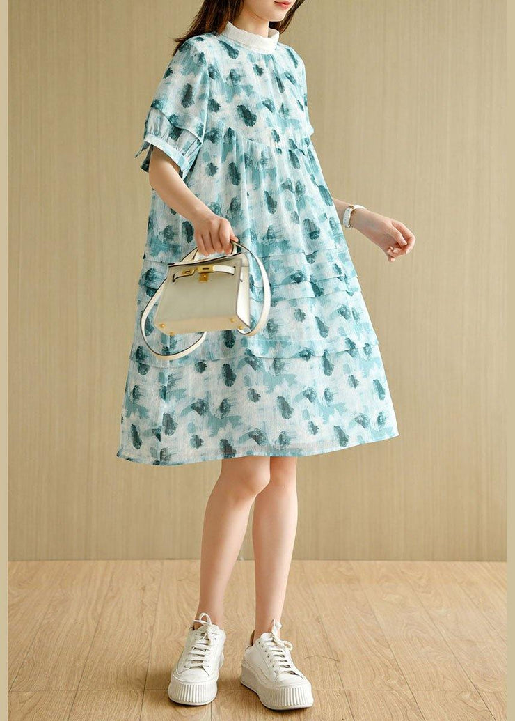 Fashion Green Peter Pan Collar Print Summer Cotton Dress Short Sleeve - SooLinen