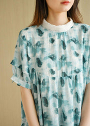 Fashion Green Peter Pan Collar Print Summer Cotton Dress Short Sleeve - SooLinen