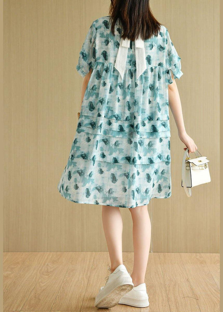 Fashion Green Peter Pan Collar Print Summer Cotton Dress Short Sleeve - SooLinen