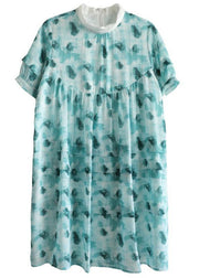 Fashion Green Peter Pan Collar Print Summer Cotton Dress Short Sleeve - SooLinen