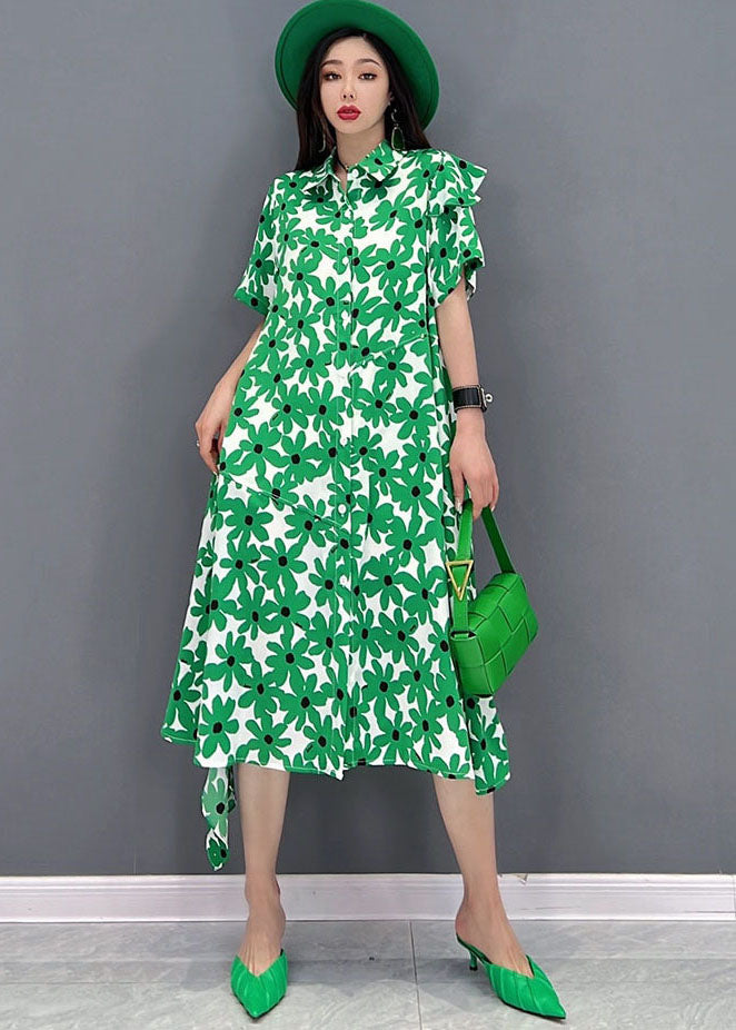 Fashion Green Peter Pan Collar asymmetrical design Print Cotton Holiday Dress Short Sleeve