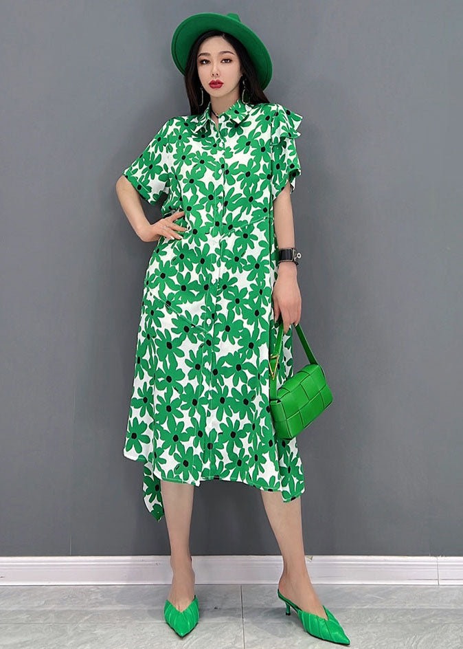 Fashion Green Peter Pan Collar asymmetrical design Print Cotton Holiday Dress Short Sleeve