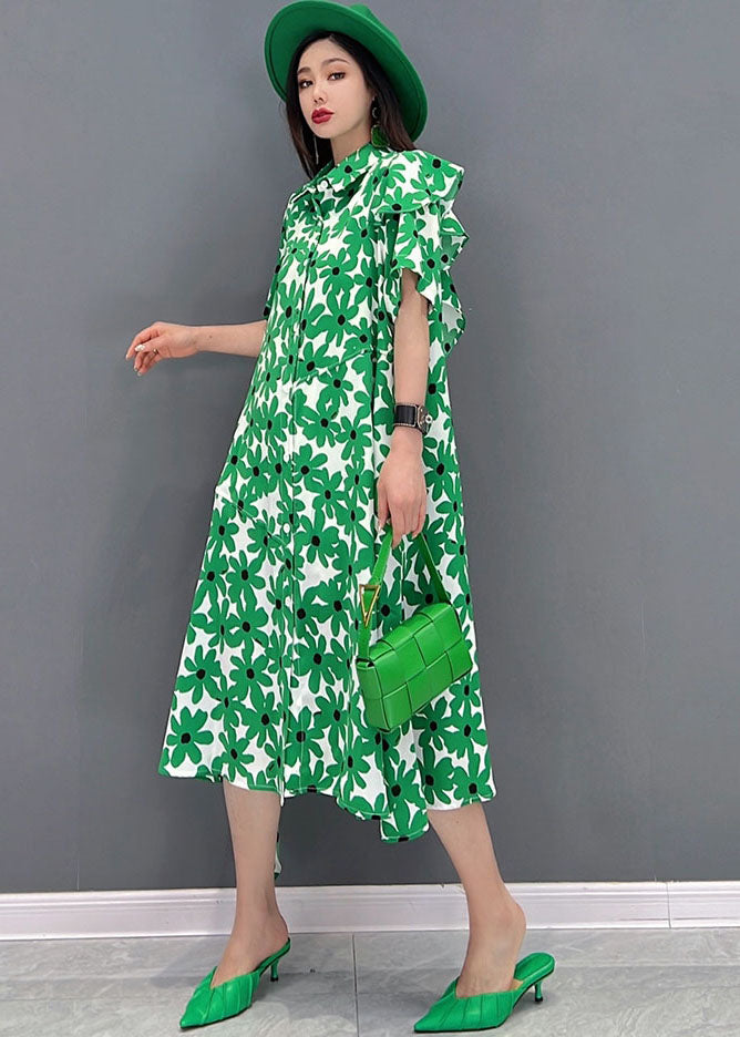 Fashion Green Peter Pan Collar asymmetrisches Design Print Cotton Holiday Dress Short Sleeve