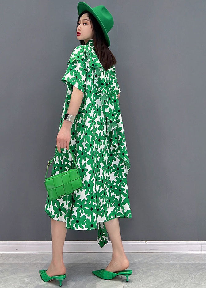 Fashion Green Peter Pan Collar asymmetrical design Print Cotton Holiday Dress Short Sleeve