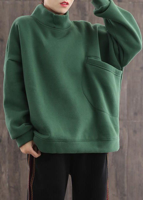 Fashion Green Pockets Warm Fleece Sweatshirts Top Winter