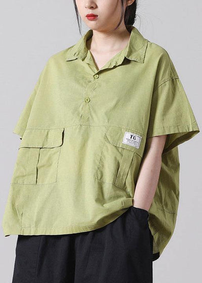 Fashion Green Pockets casual Cotton Blouse Tops Short Sleeve - SooLinen