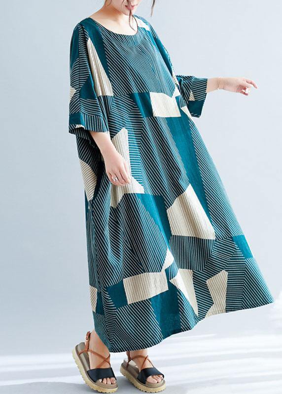 Fashion Green Striped O-Neck Loose Summer Bat Wing Sleeve Summer Dress - SooLinen