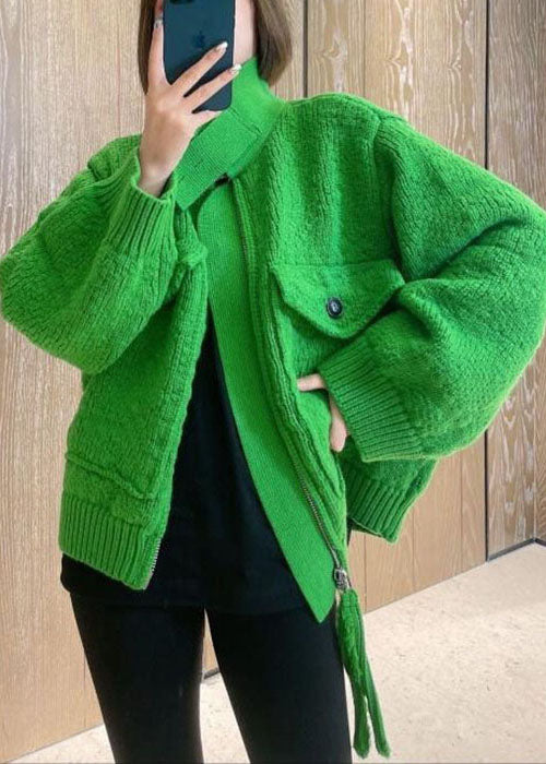 Fashion Green Zip Up Pockets Knitted Tops Coat Spring