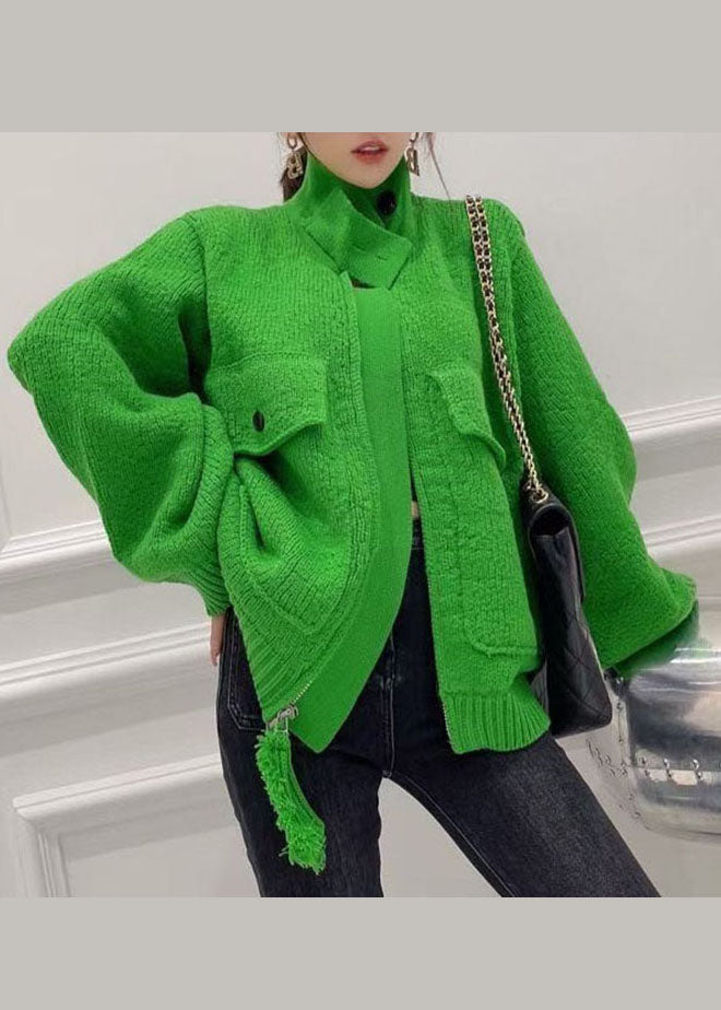 Fashion Green Zip Up Pockets Knitted Tops Coat Spring