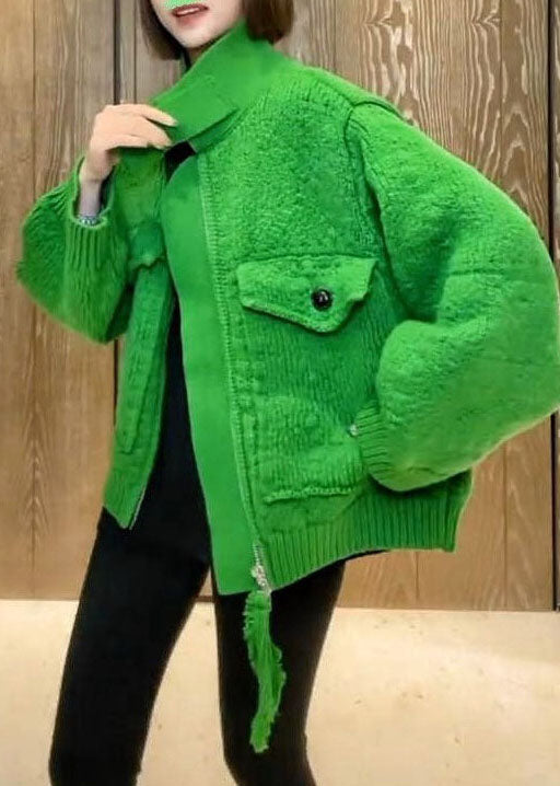 Fashion Green Zip Up Taschen Strickoberteile Mantel Frühling