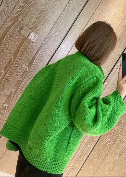 Fashion Green Zip Up Pockets Knitted Tops Coat Spring